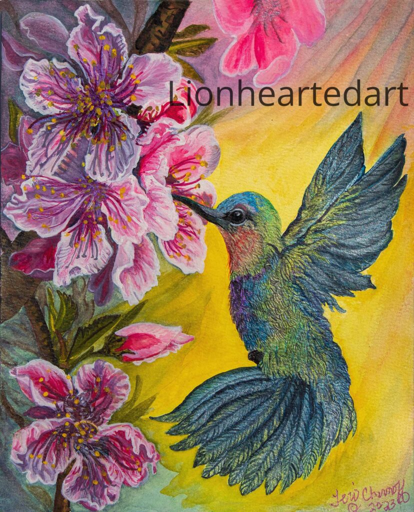 painting of a flower and blue humming bird