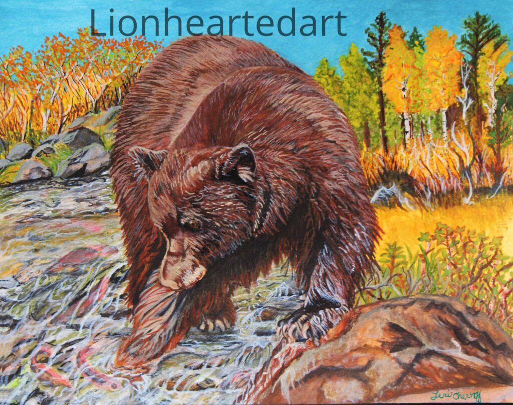 a painting of a bear fishing