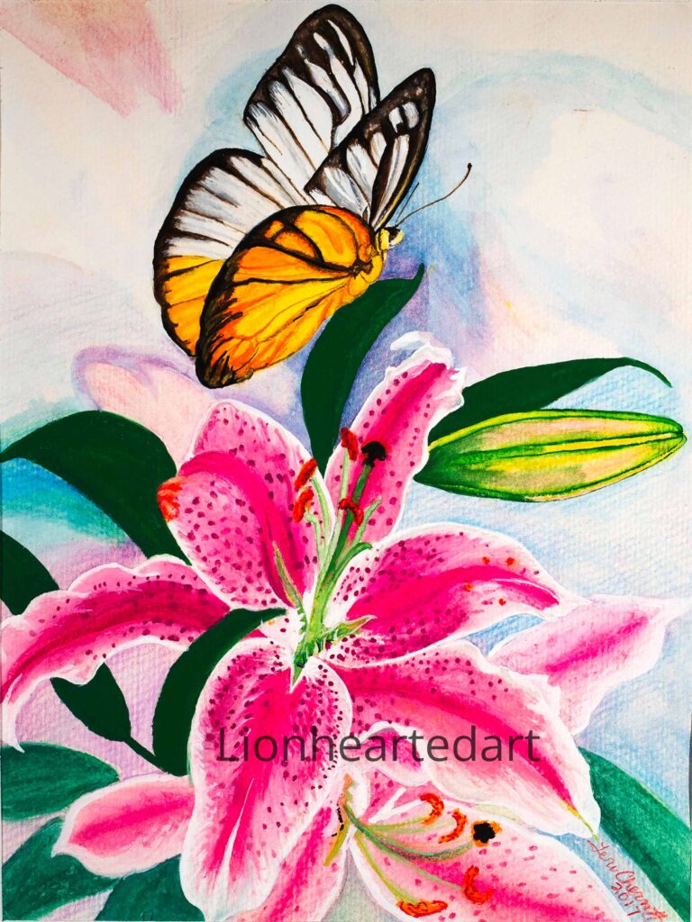 painting of lily flower and a butterfly