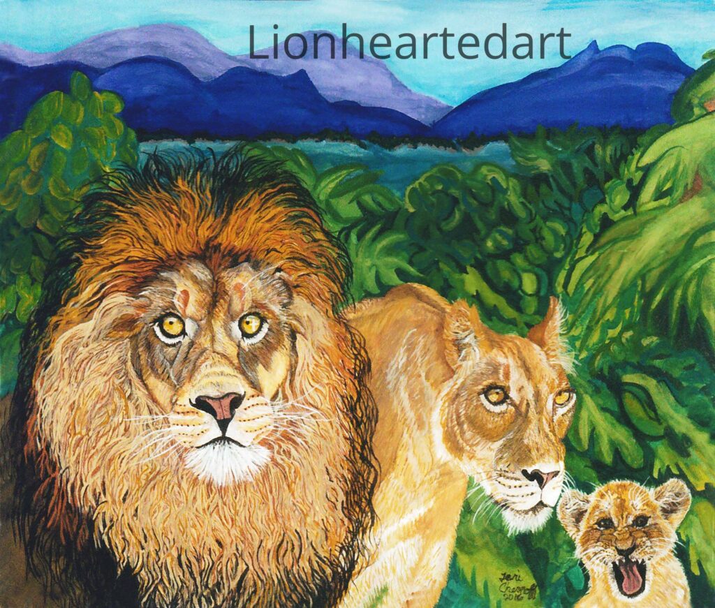 painting of a lion family