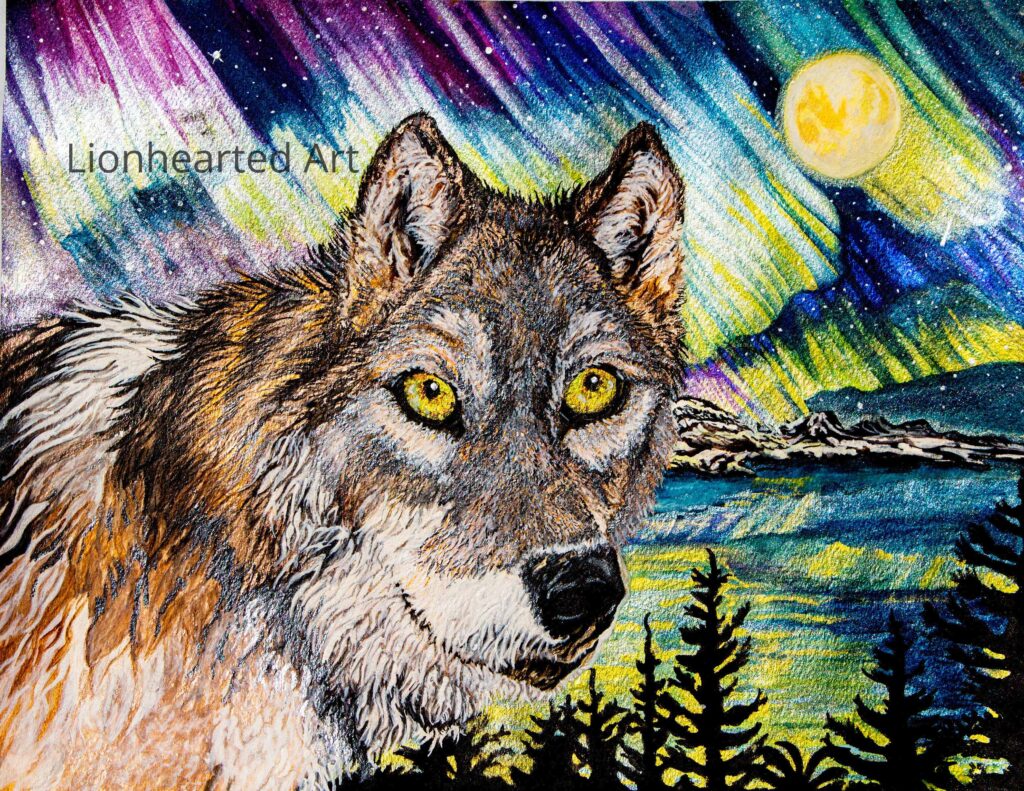 painting of a wolf with northern lights behind