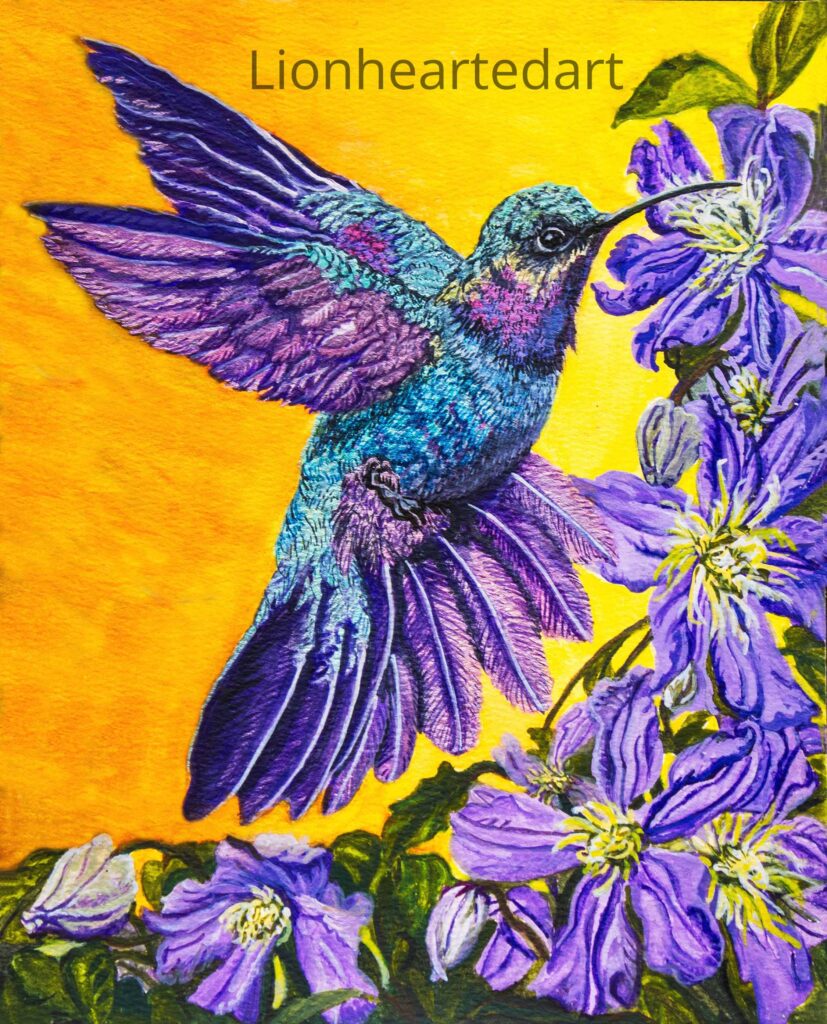 painting of a purple flower and humming bird